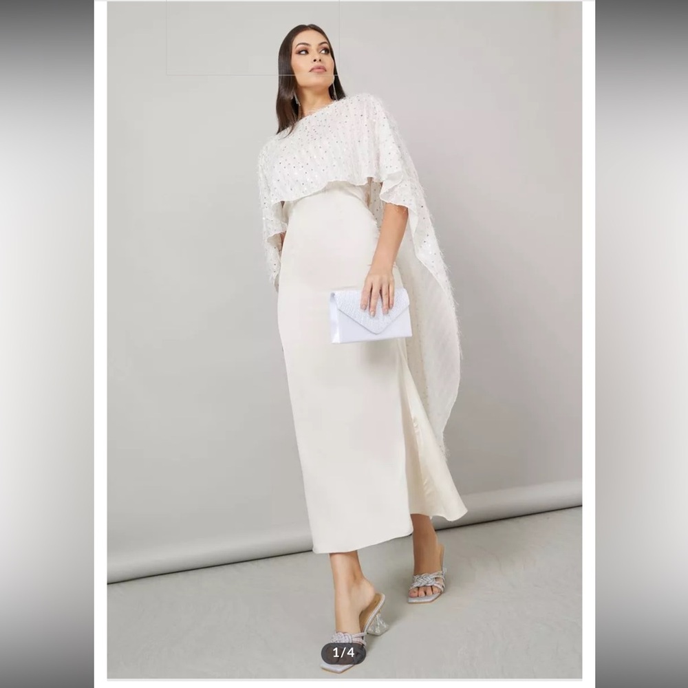 Elegant Cream Cape-Overlay Midi Dress